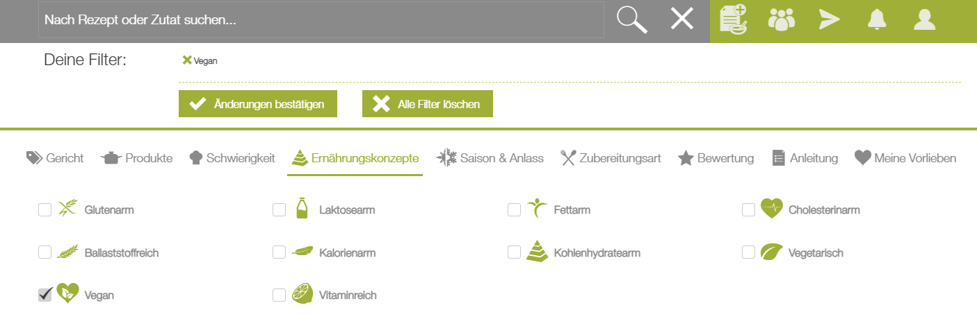 Screenshot Vegan Filtern