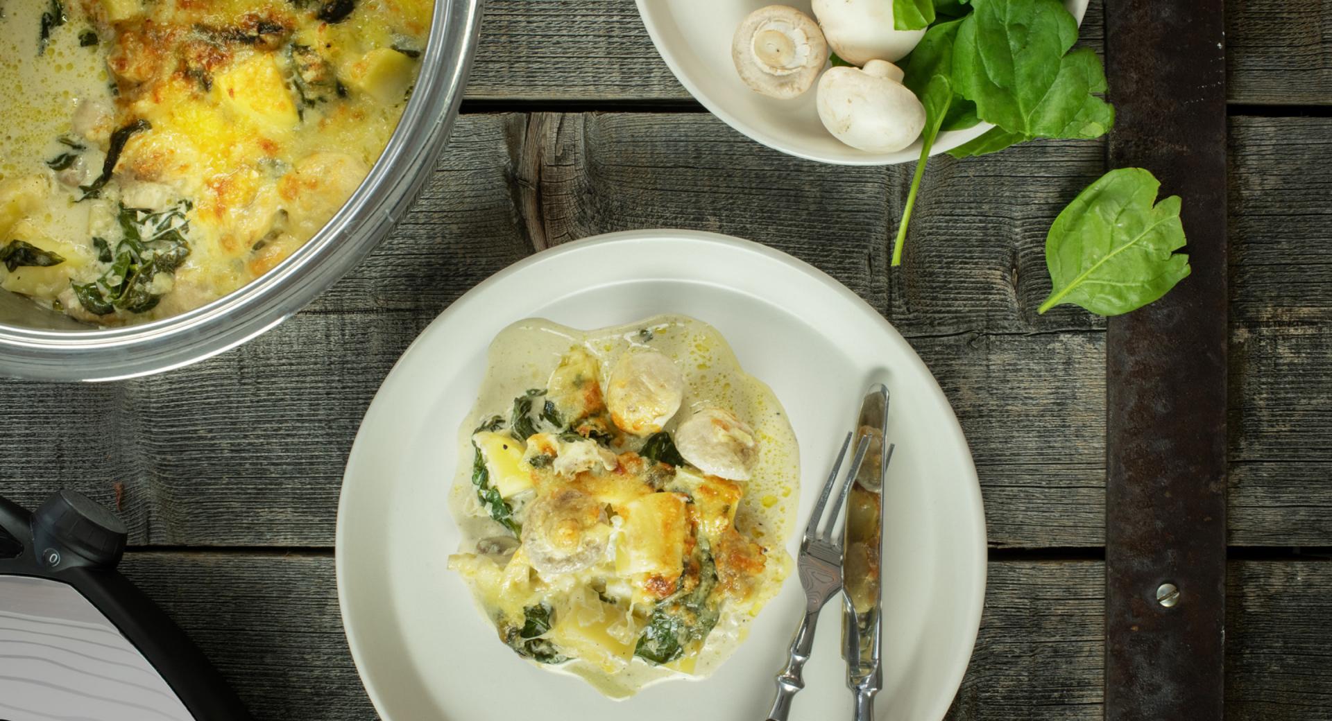 Gratiniertes Champignon-Spinat-Ragout mit Kartoffeln