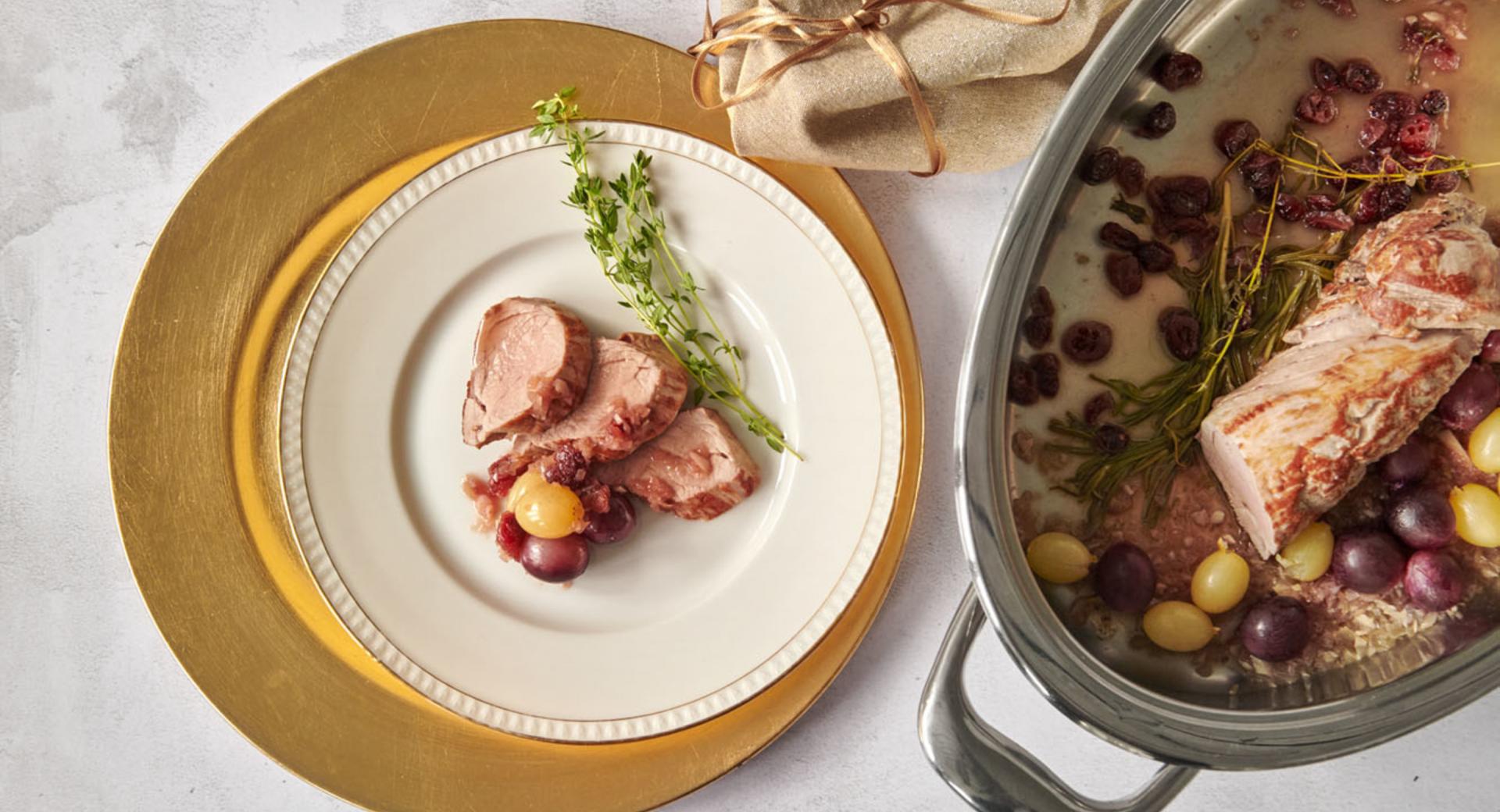 Gebratenes Schweinefilet mit Cava und Trauben