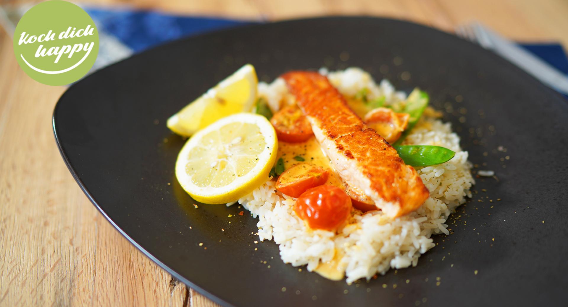 gebratener Lachs mit Reis