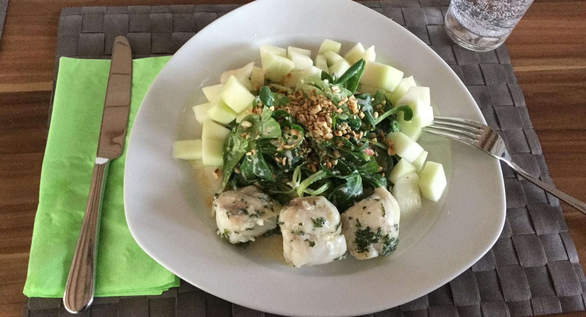 Seeteufel „Sous-vide“ mit Spinat-Feldsalat und Melone