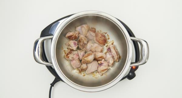 Fleischwürfel wenden und nach und nach Zwiebel, Paste und Gewürze zugeben, mit anbraten und mit etwas Salz würzen. Tomatenwürfel zugeben und sofort mit dem Secuquick softline verschliessen.