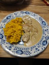 Schweinefilt in Senfsoße mit Curryreis