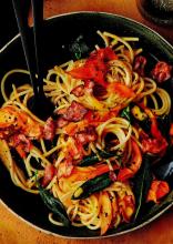 Spagetti mit Kürbissauce und Speck