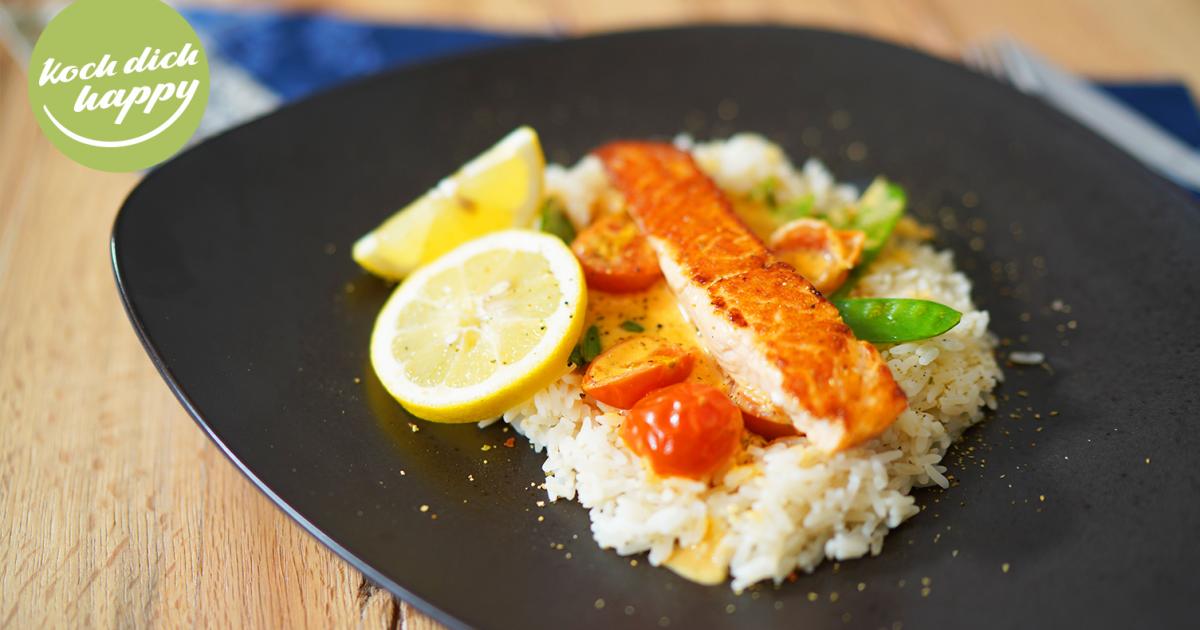 gebratener Lachs mit Reis